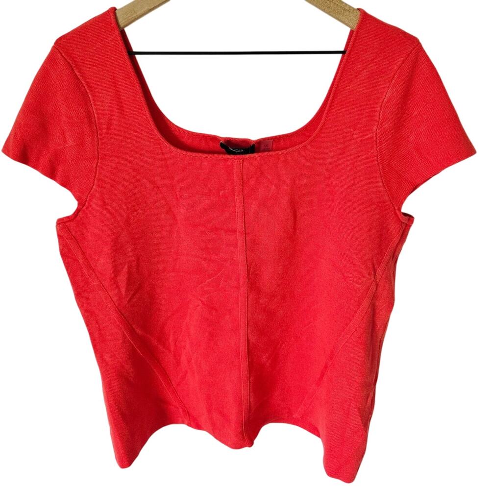 Tahari Hibiscus Red Square Neck Knit Top Size L Short Sleeve NWT
